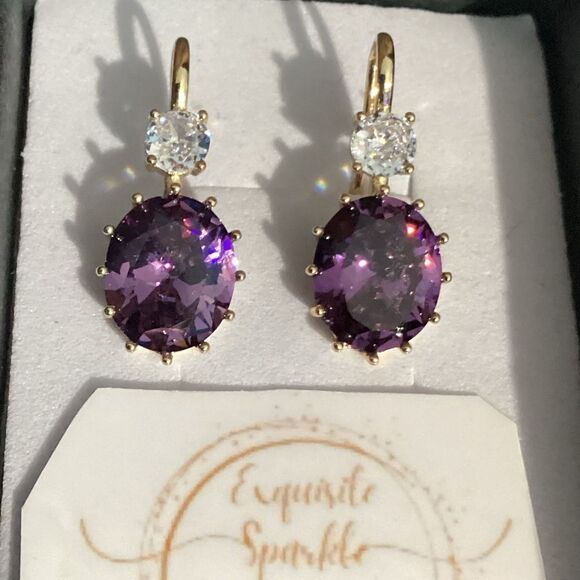 💜Elegant 10k Gold Vermeil Oval Cut Purple Amethyst Cz Diamond Hook Drop Earrings - Picture 9 of 16